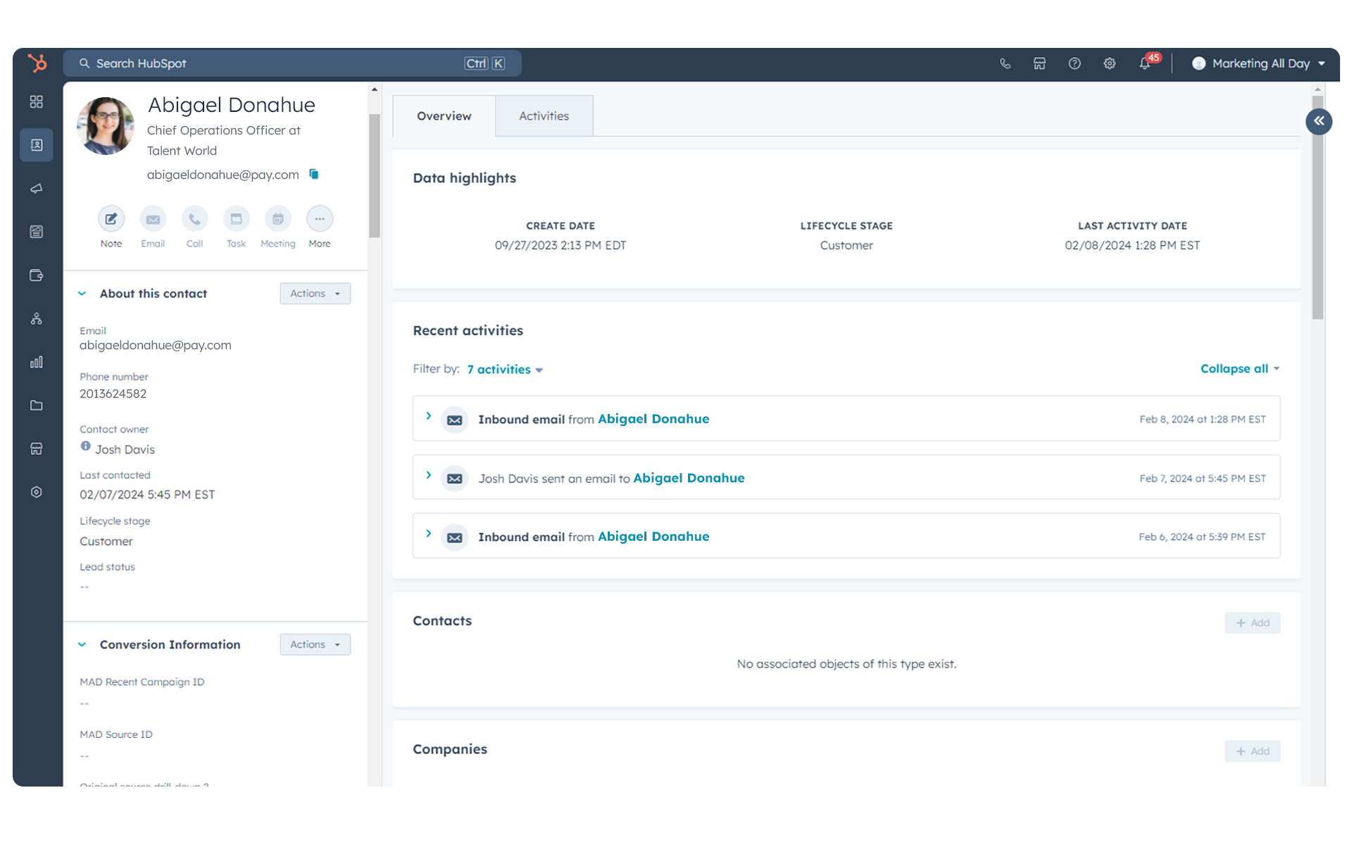 Payroll CRM Contact Record for HCM Prospects
