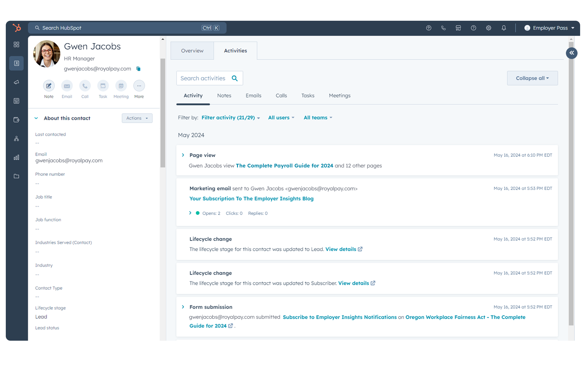 Payroll CRM HCM Lead Activity Feed