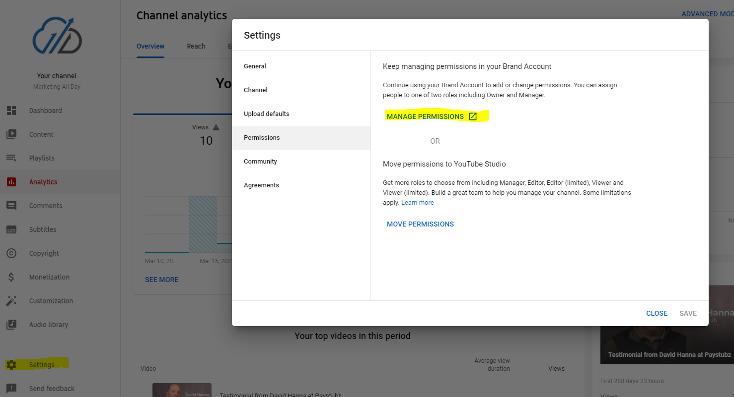 Move to  Studio Channel Permissions for Brand Accounts